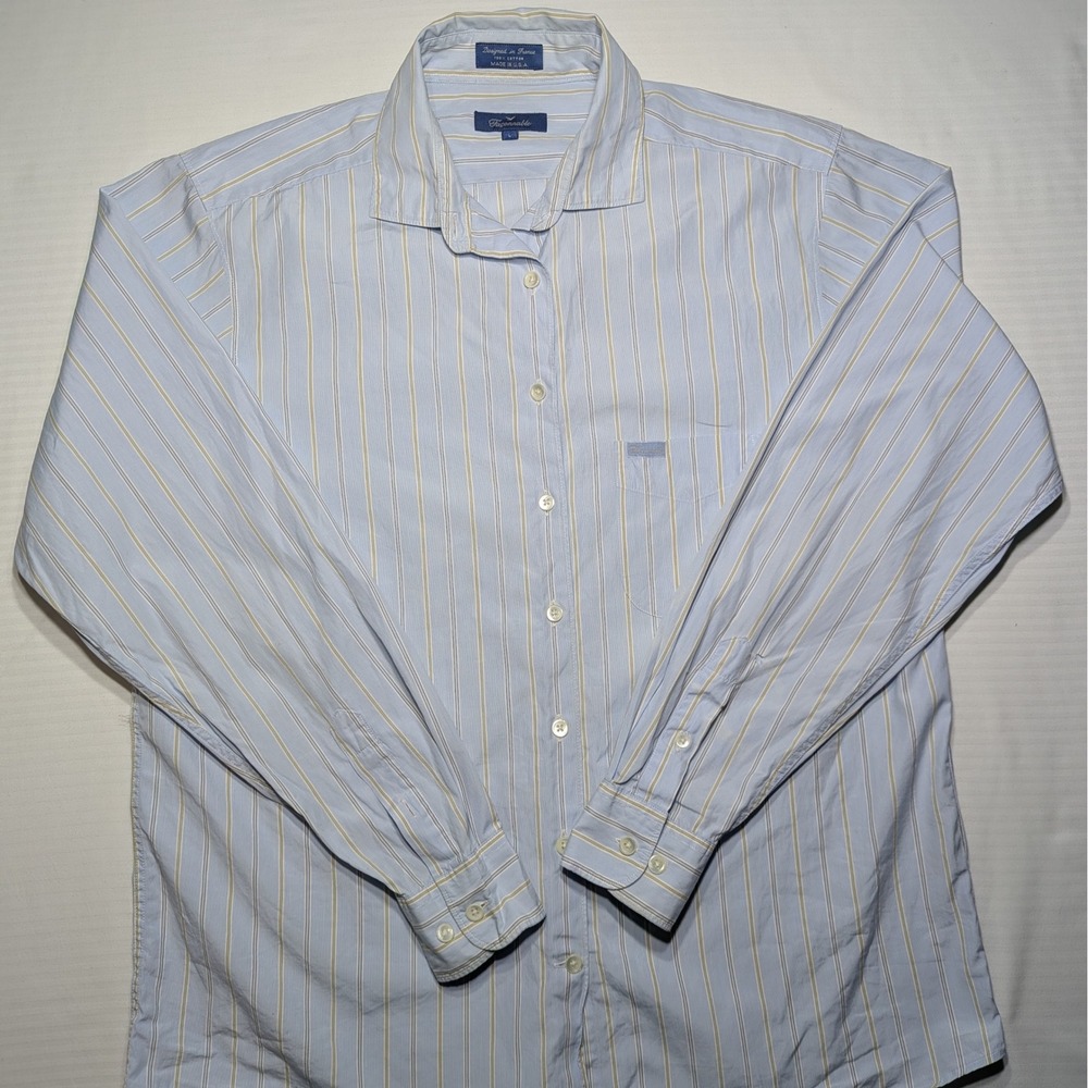 Faconnable Mens Blue Striped Cotton Button Down Shirt Made in USA Size L